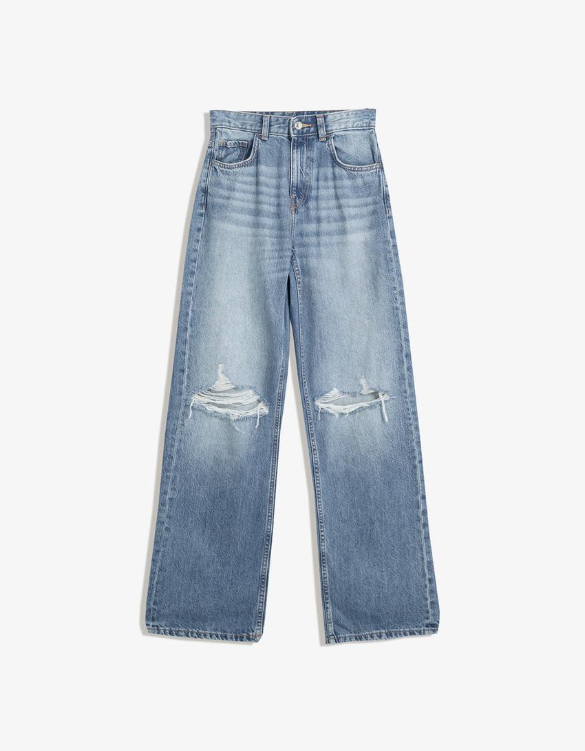 Jeans wide leg rotos-Azul lavado