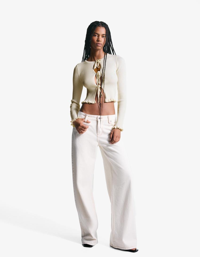 Tied cardigan with ruffles-Cream