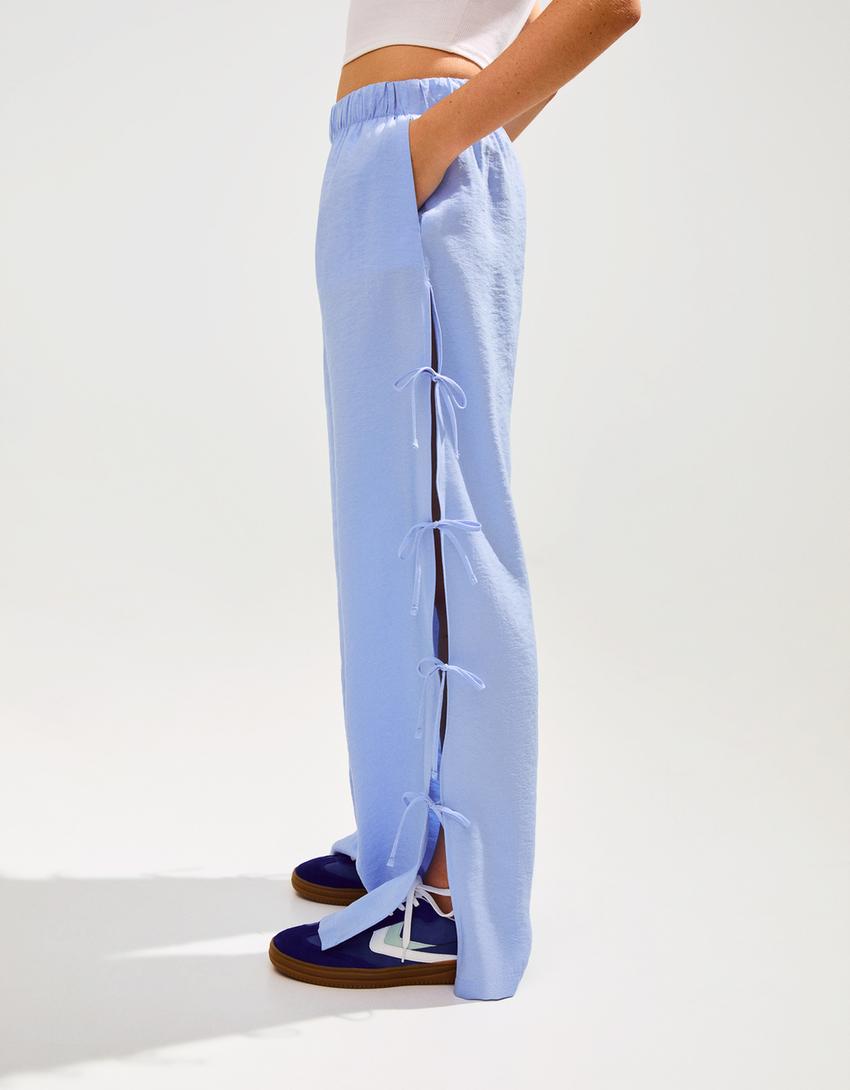 Yanı bağcıklı dökümlü pantolon-Açık mavi-1