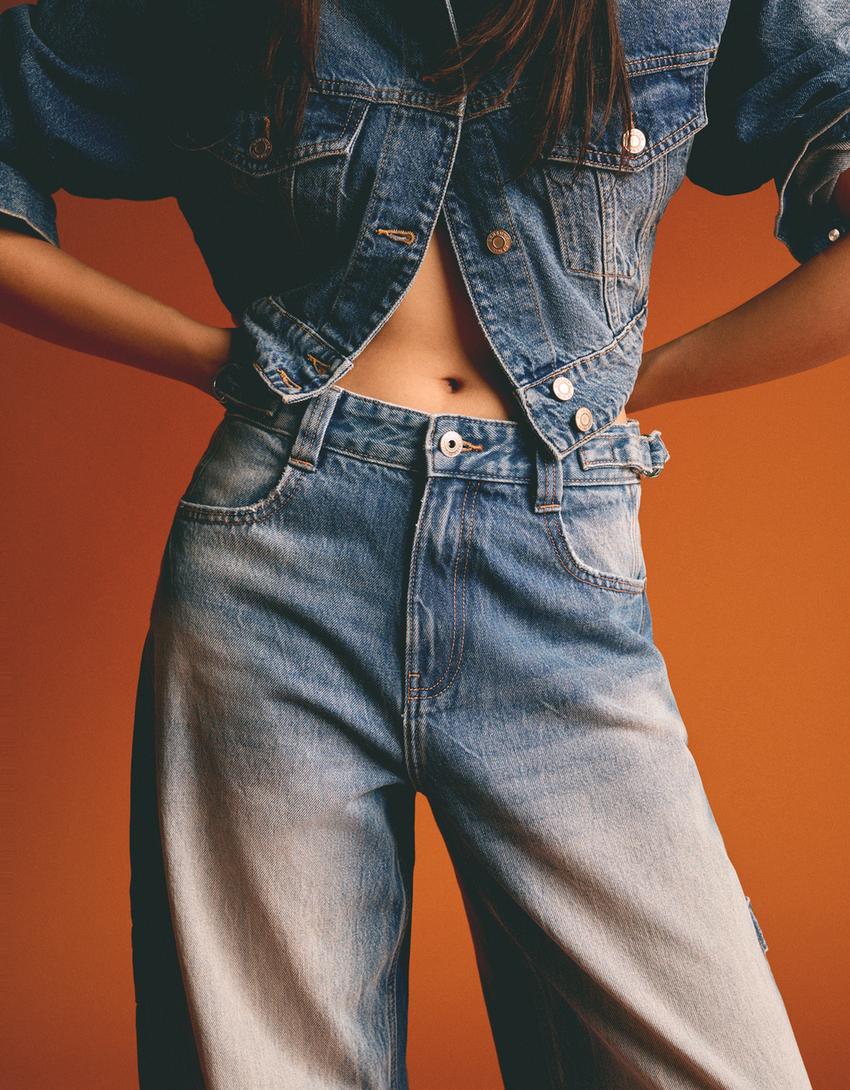 بنطال جينز عمالي ريفي واسع بقصّة بالون-أزرق فاتح-2