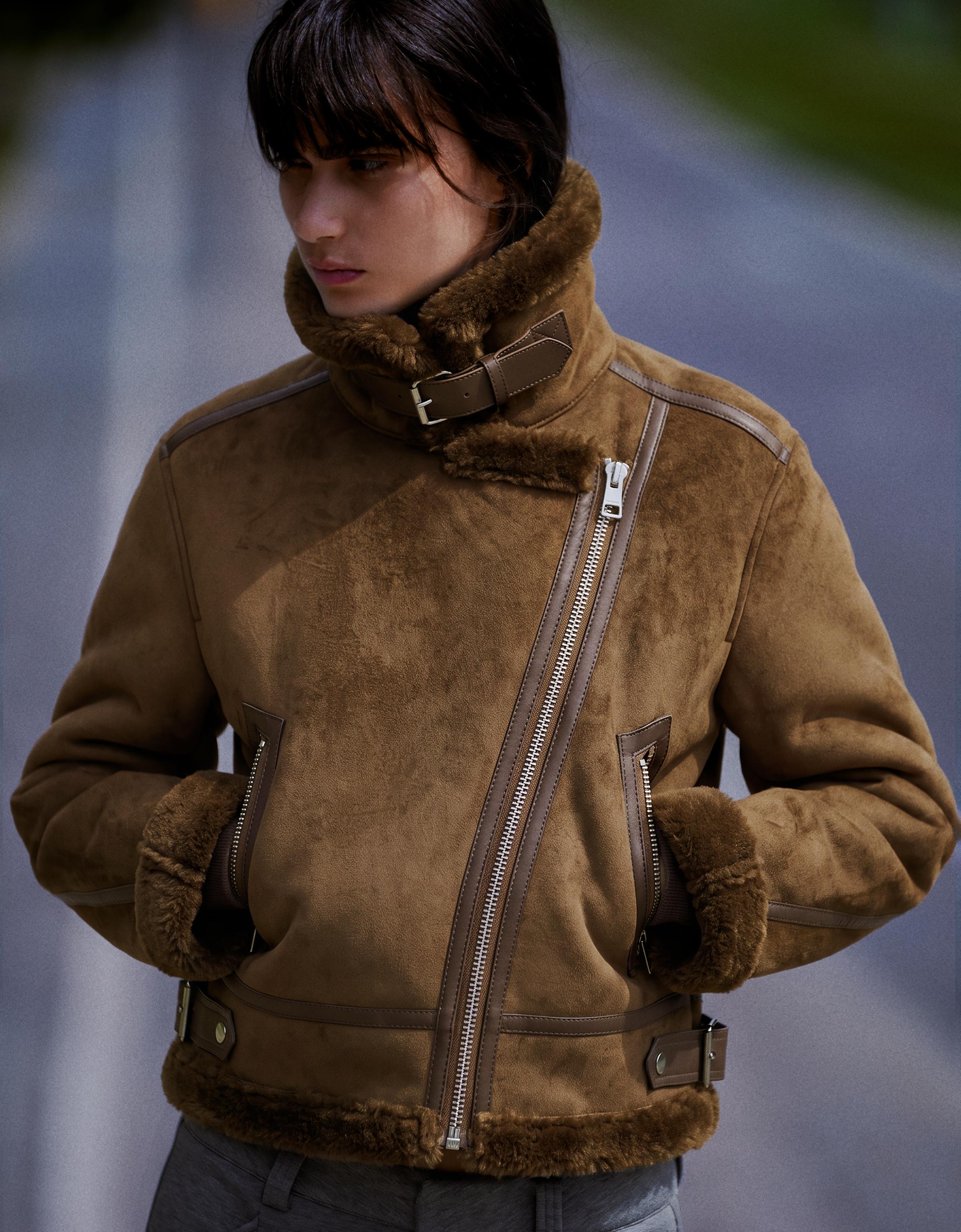 Cropped double-faced biker jacket — Brown