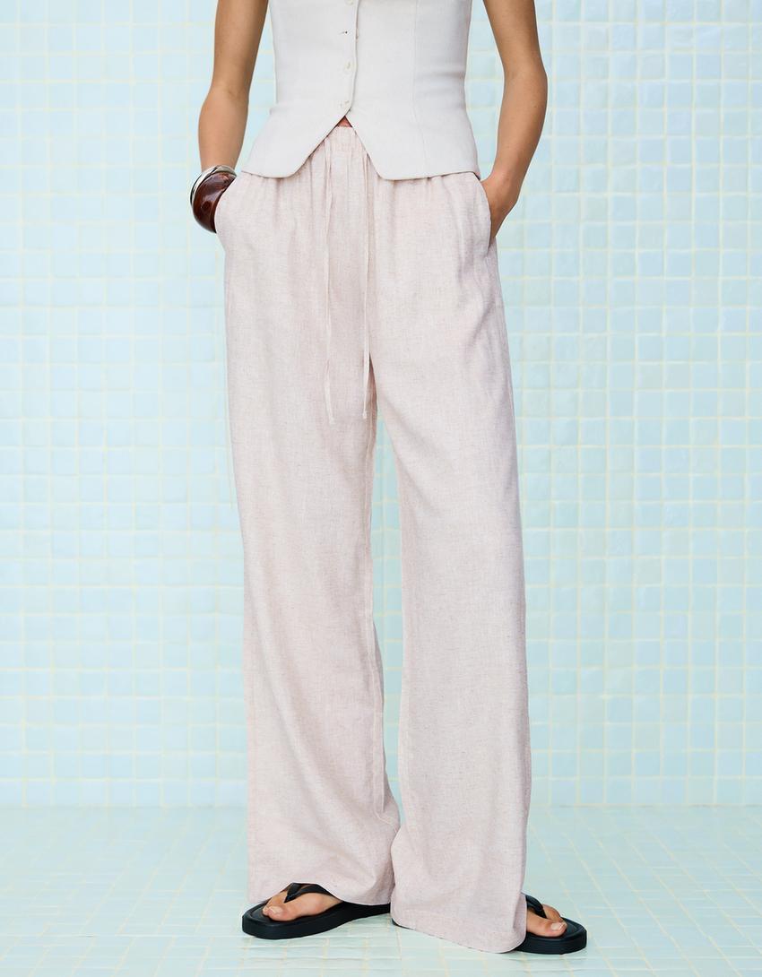Linen blend trousers with an elasticated waistband-Sand
