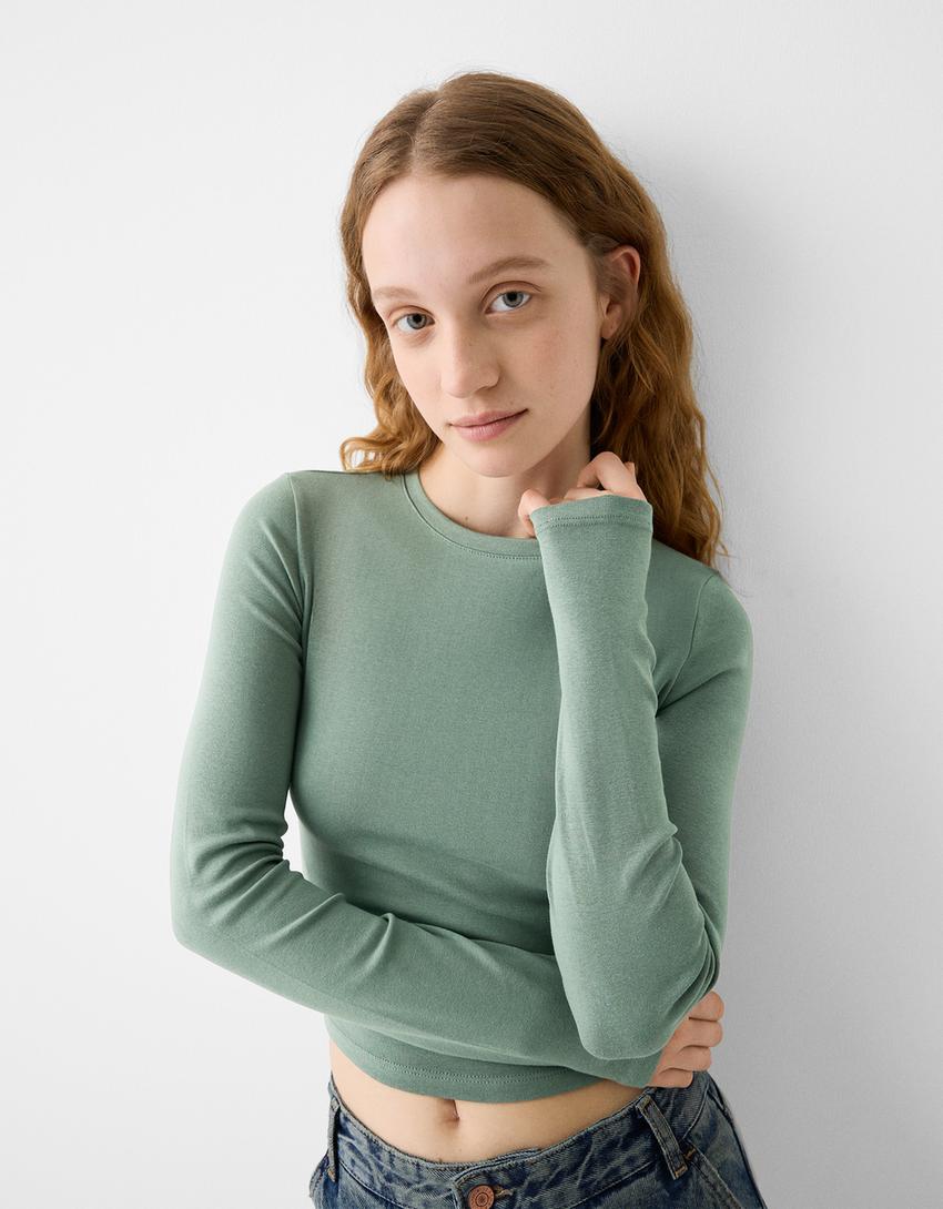 Uzun kollu bisiklet yaka t-shirt-Haki-2