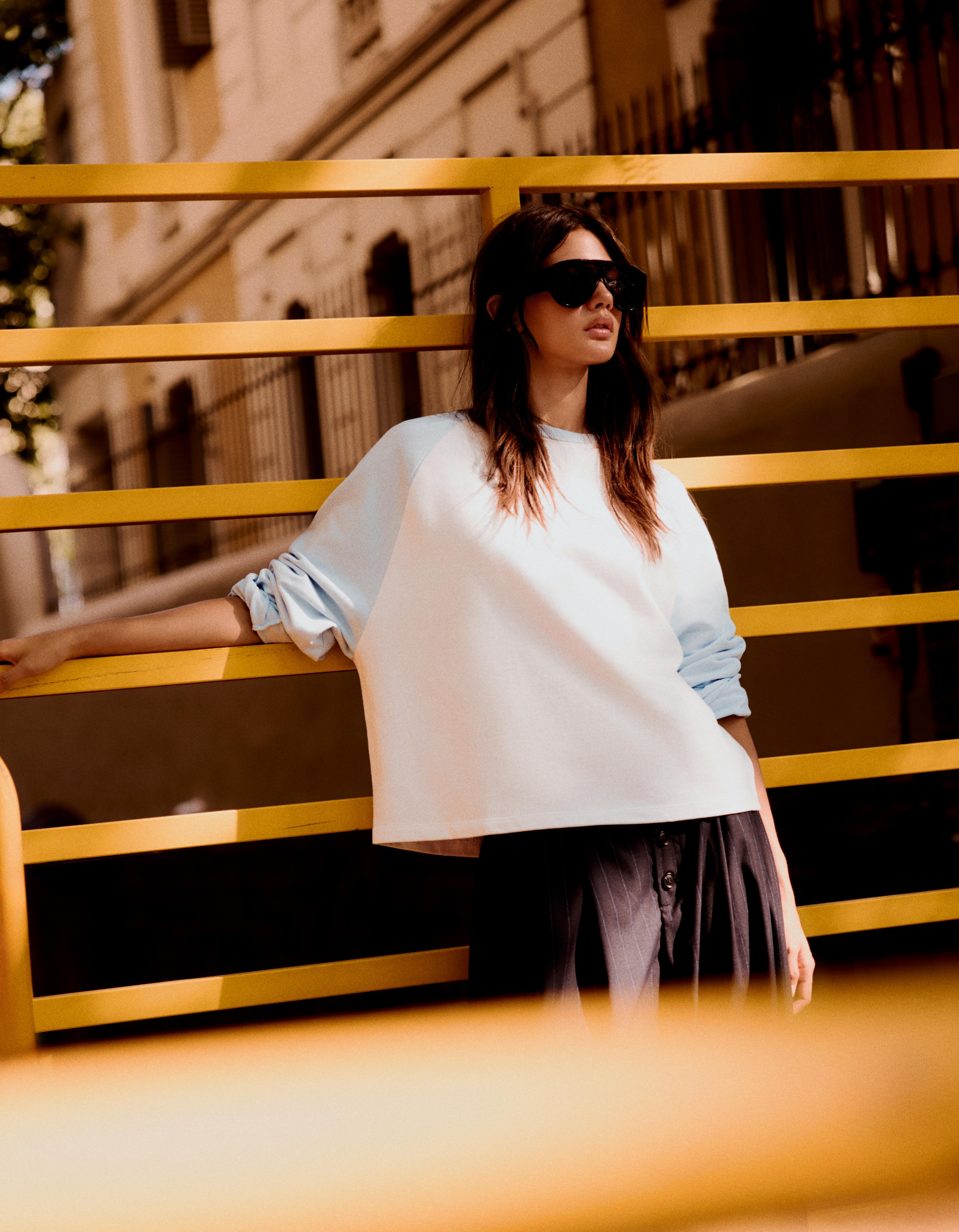 Bershka Camiseta Manga Larga Ranglan Mujer L Blanco Roto