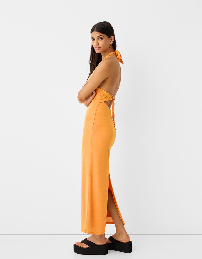 Halter neck midi dress-Orange-2