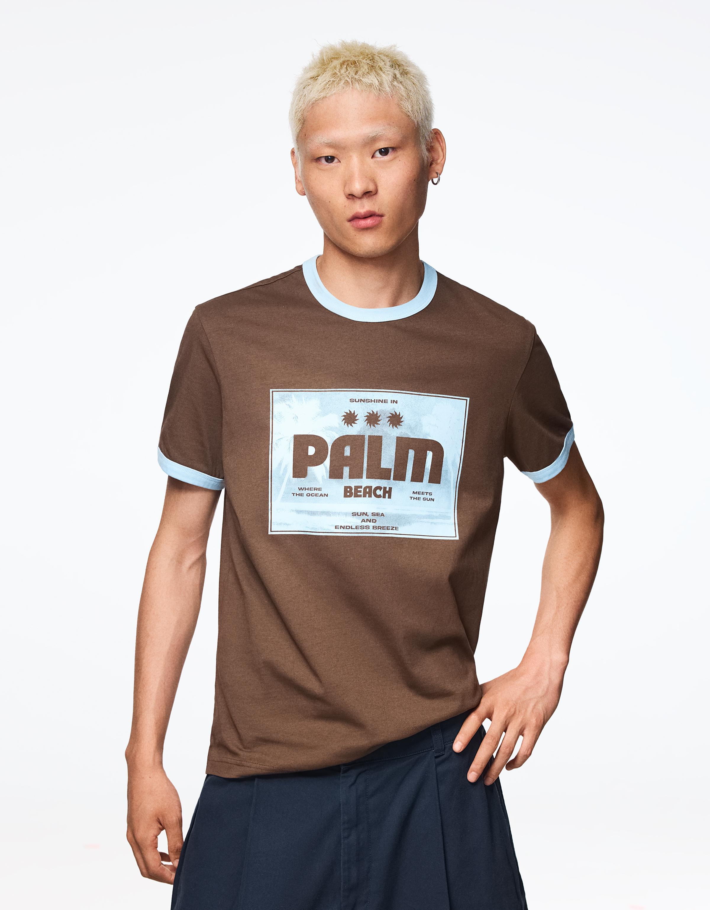 Bershka Camiseta Manga Corta Print Hombre Marrón