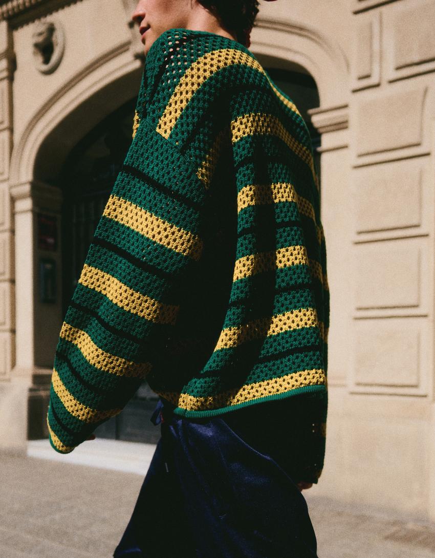 Graphic mesh boxy fit sweater-Green