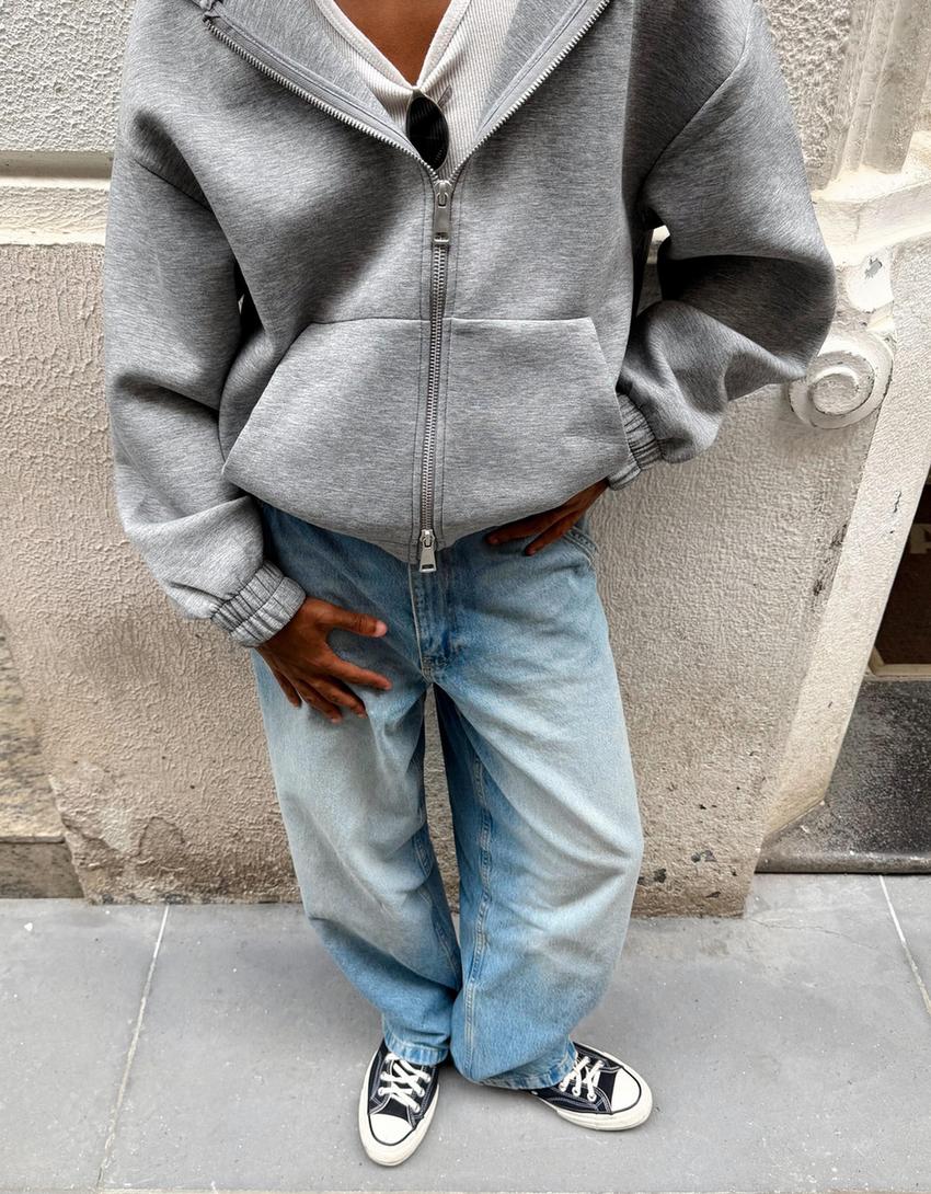 Fermuarlı sentetik kauçuk kumaş kapüşonlu sweatshirt-Gri