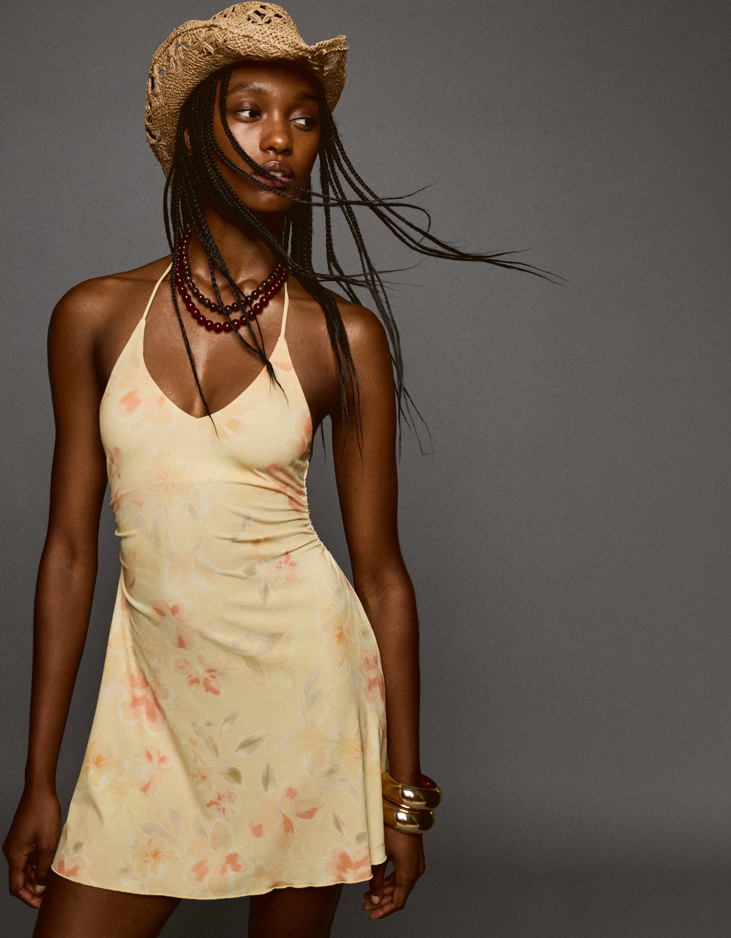 Bershka Neckholder-Midikleid Mit Print Damen M Gelb