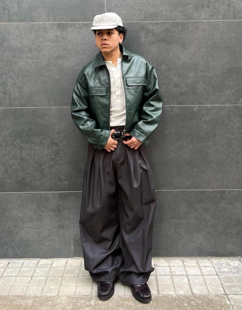 Boxy faux leather jacket-Green