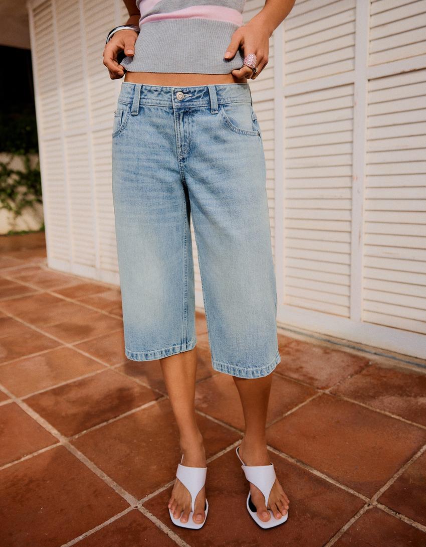 Straight-leg denim Bermuda shorts-Light blue
