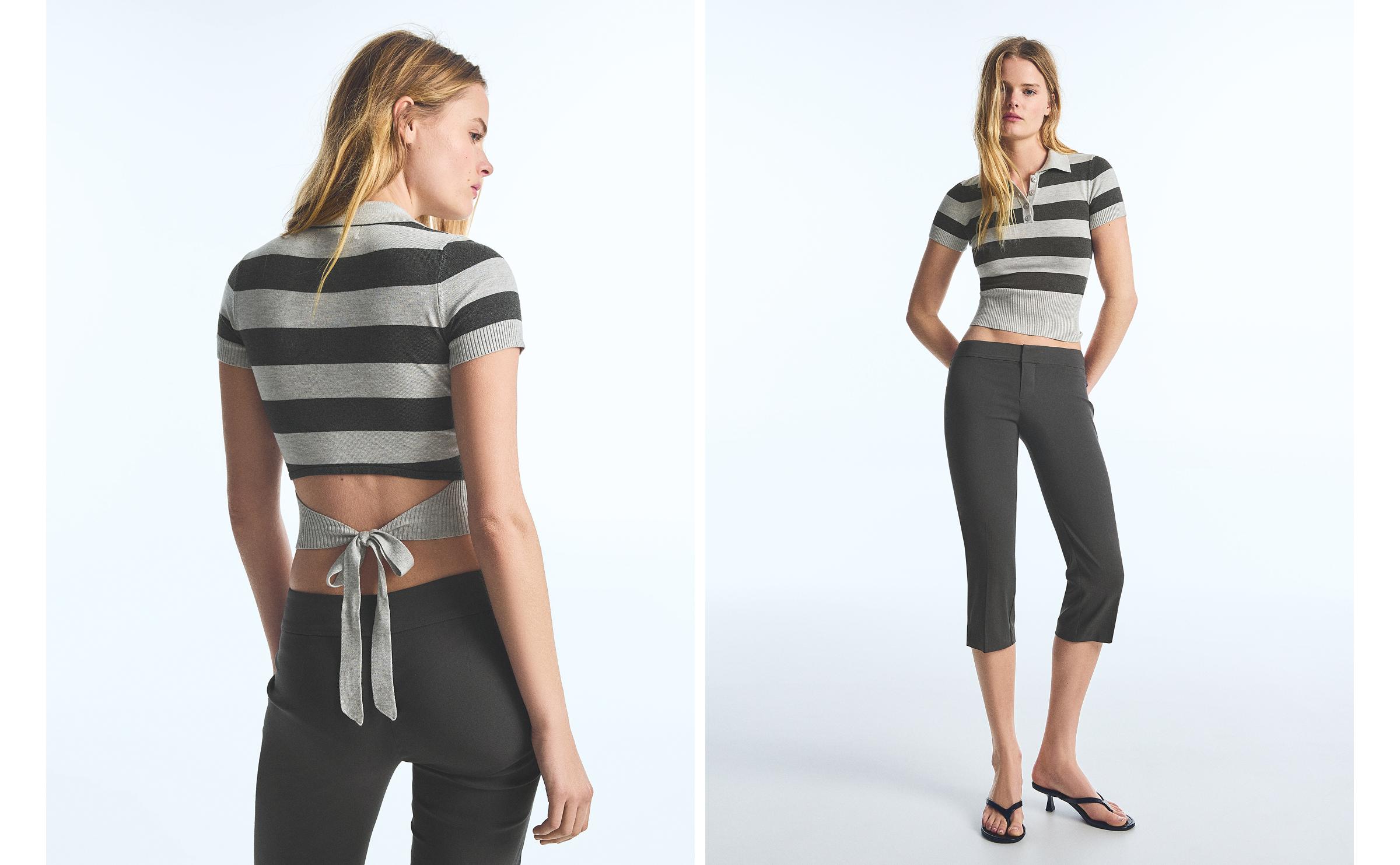 Short-sleeved stripe knit jumper — Grey