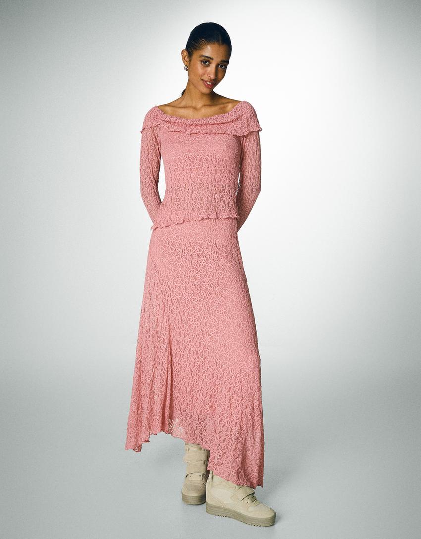 Jupe midi lacée-Rose-2
