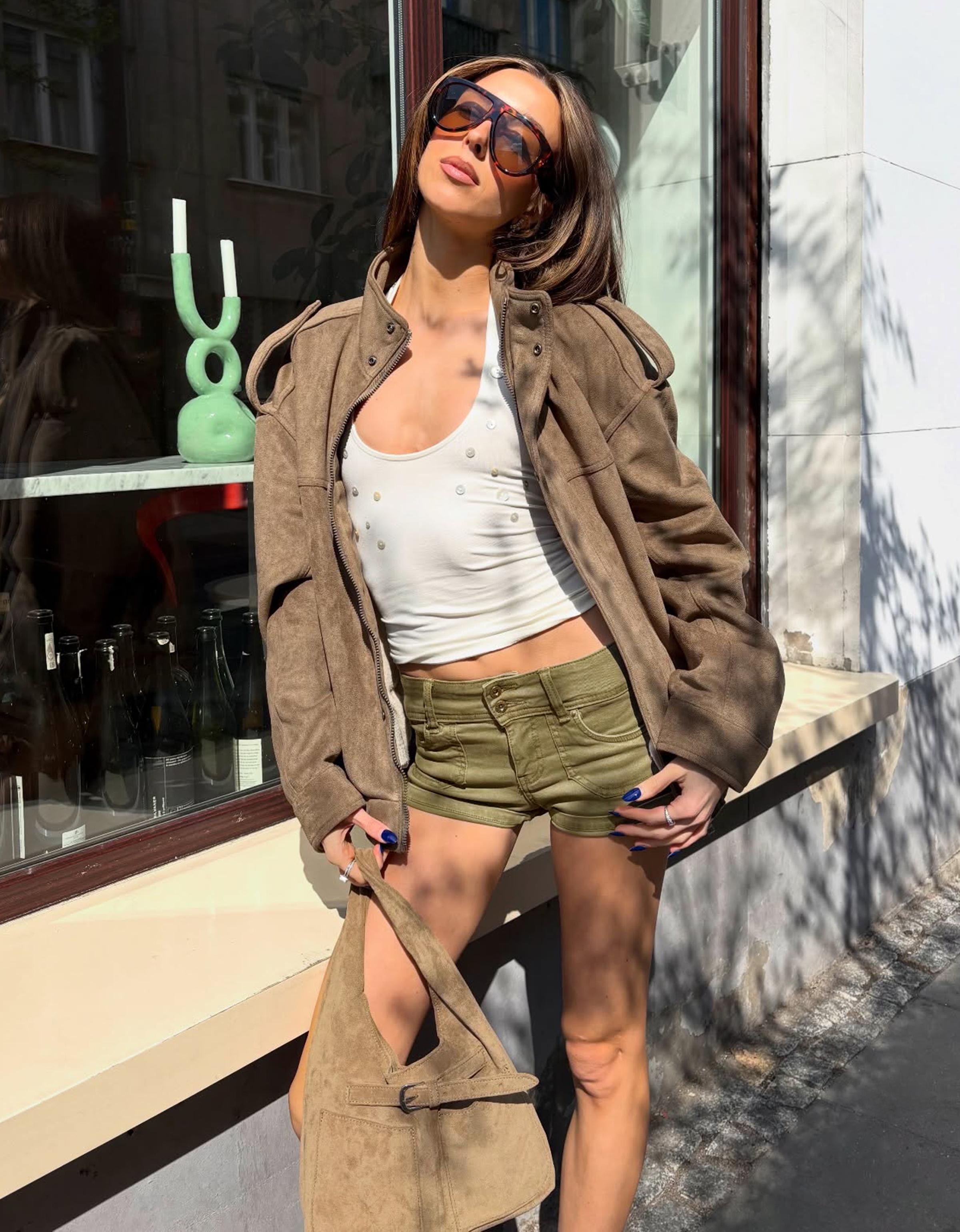 Embroidered denim mini shorts — Khaki