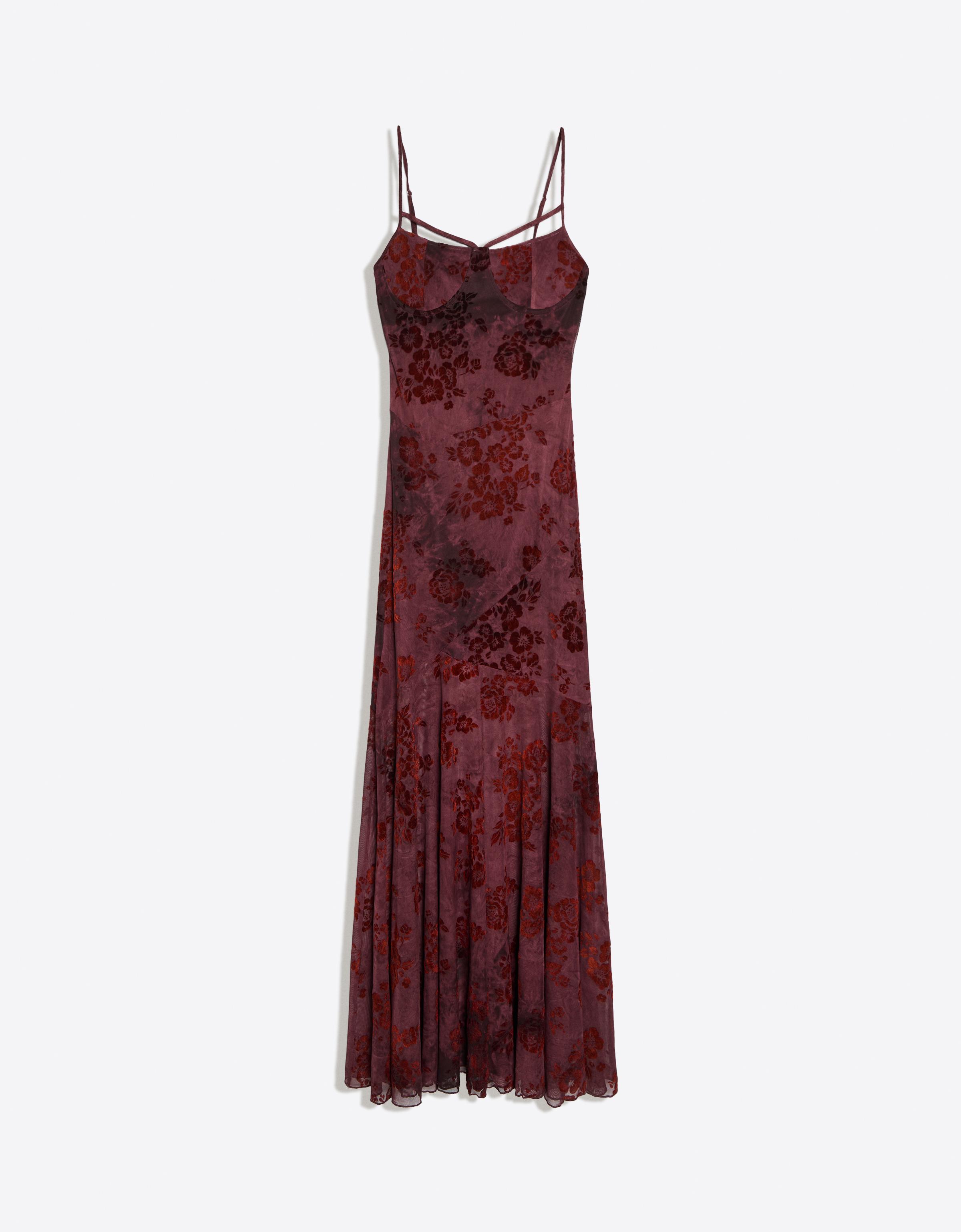 Flocked tulle midi dress with straps — Brown
