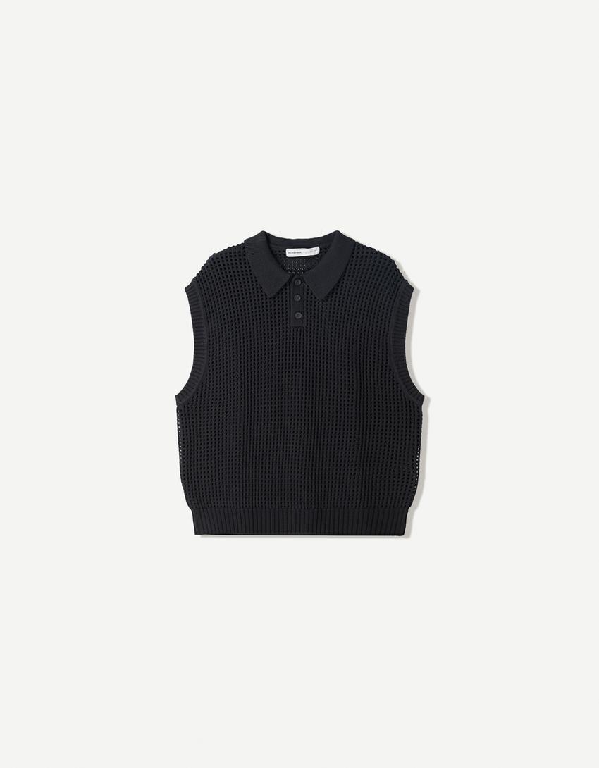 Mesh vest with polo collar and buttons-Black-4