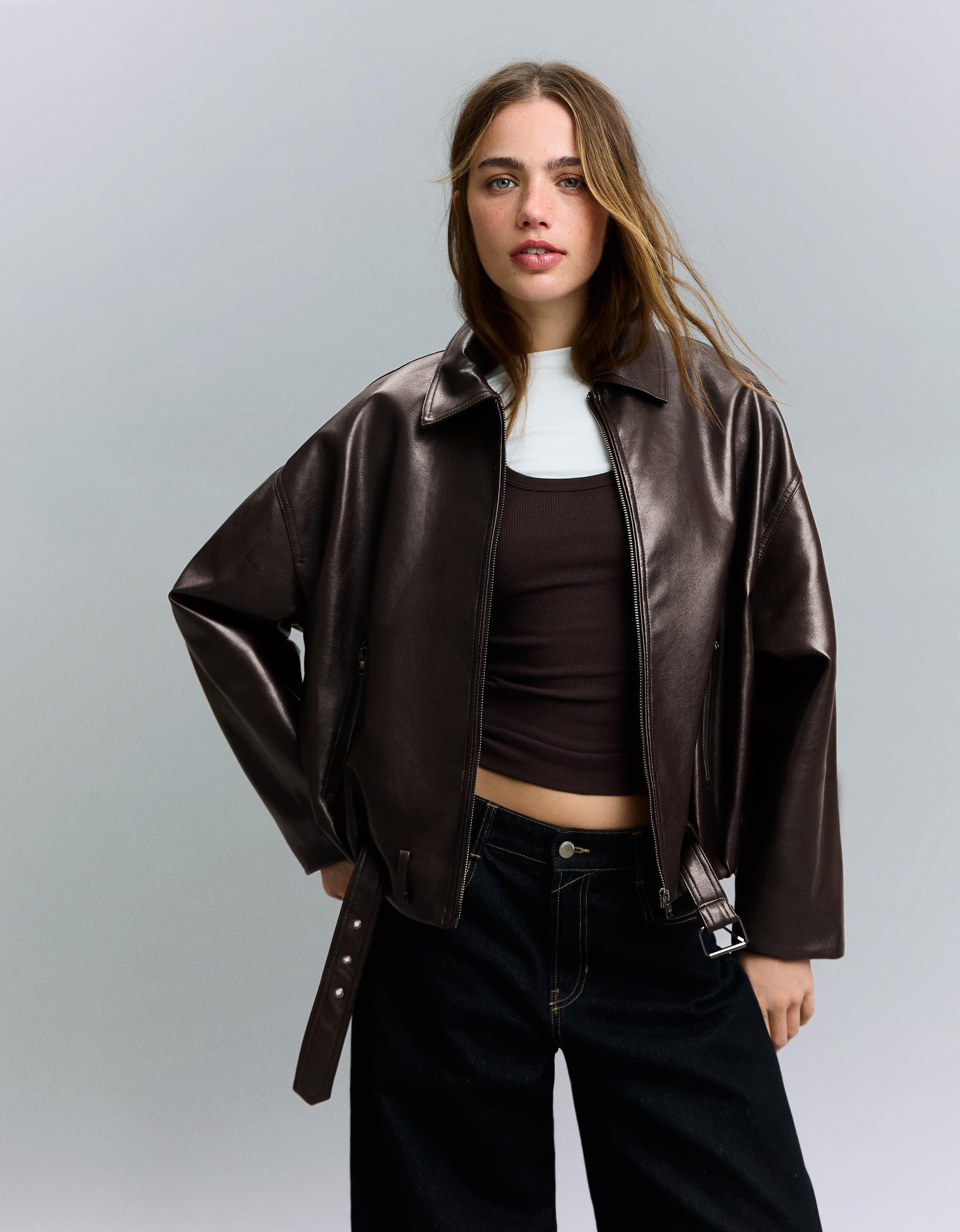 Leather effect bomber jacket with belt — Brown