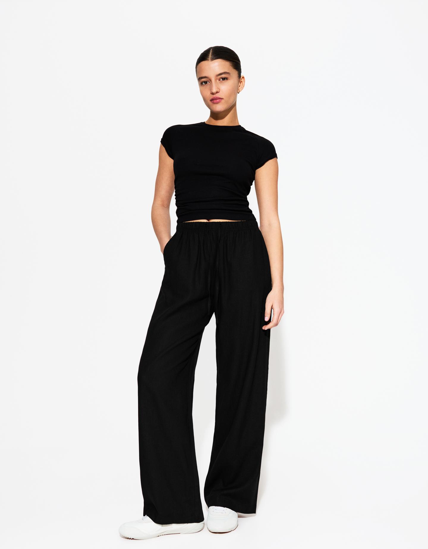 Bershka Pantalón Con Lino Goma Cintura Mujer 10-12 Negro