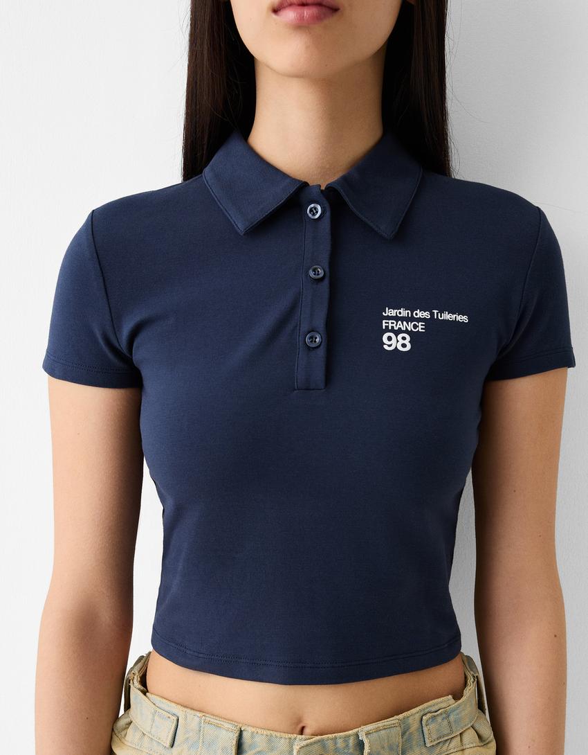 Printed short sleeve T-shirt with a polo collar-Navy