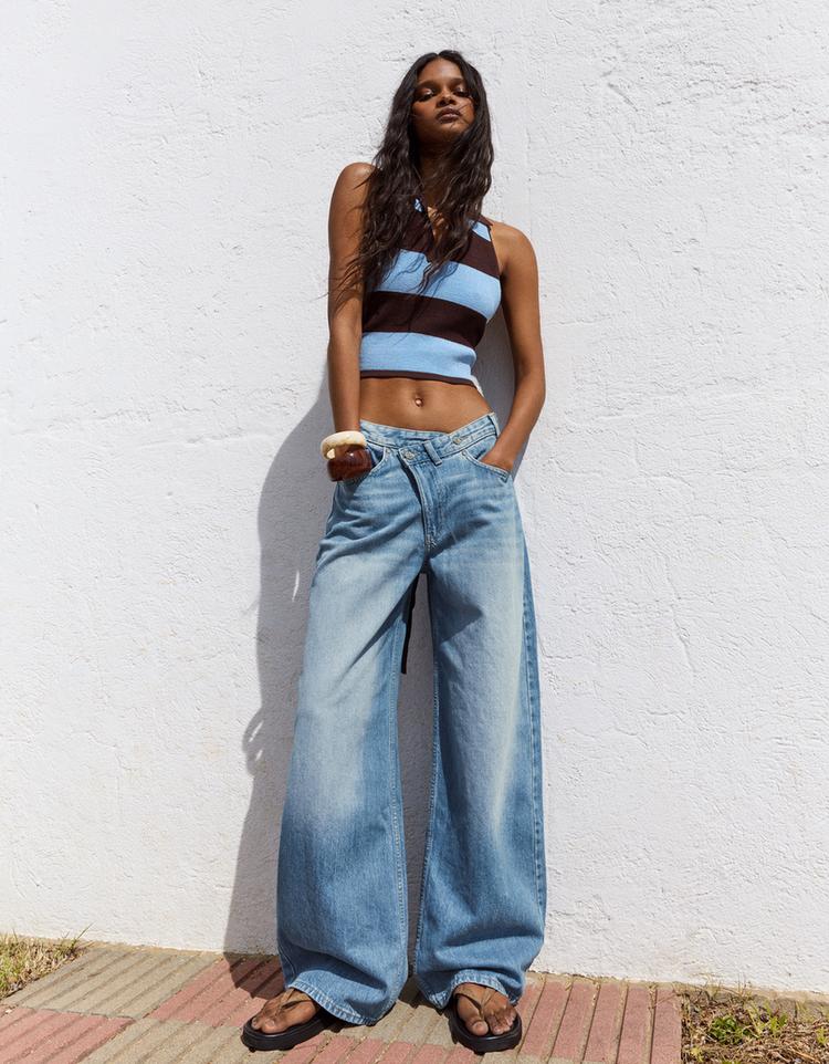 Çapraz belli yüksek bel geniş paça jean