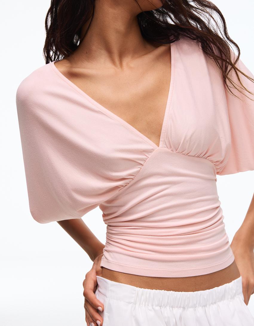 Gathered V-neck T-shirt-Pink