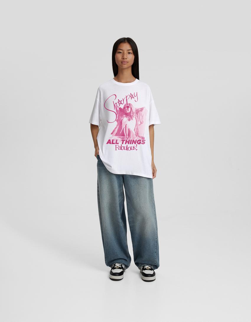 High School Musical Sharpay print oversize short sleeve T-shirt-Off white-4