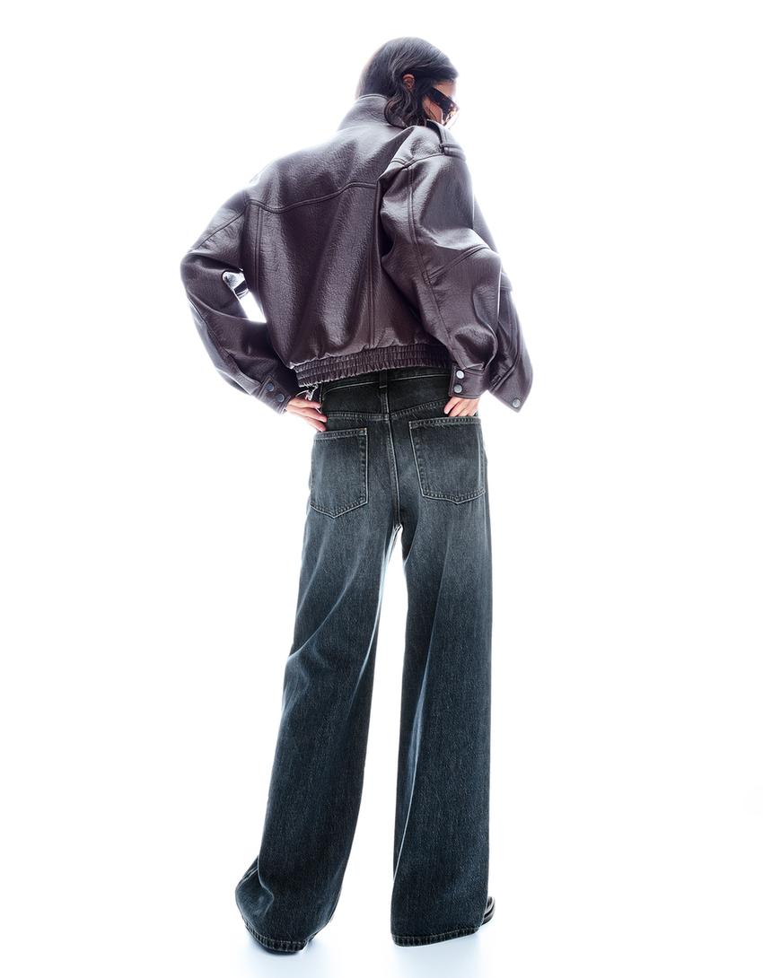 Wide leg jeans met hoge taille en overslag-Blauw