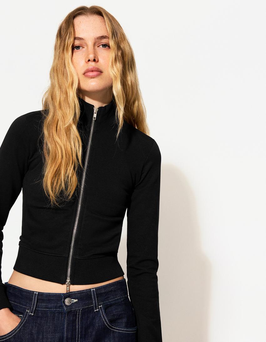 Sudadera cremallera cuello alto-Negro