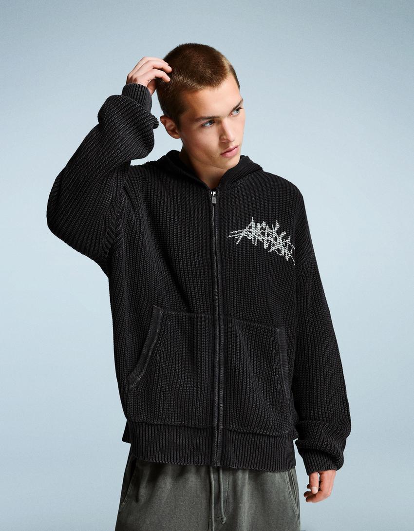 Printed sweatshirt with zip-Black