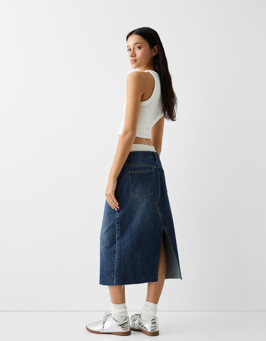 تنورة متوسطة الطول دنيم بسروال داخلي-أزرق-2