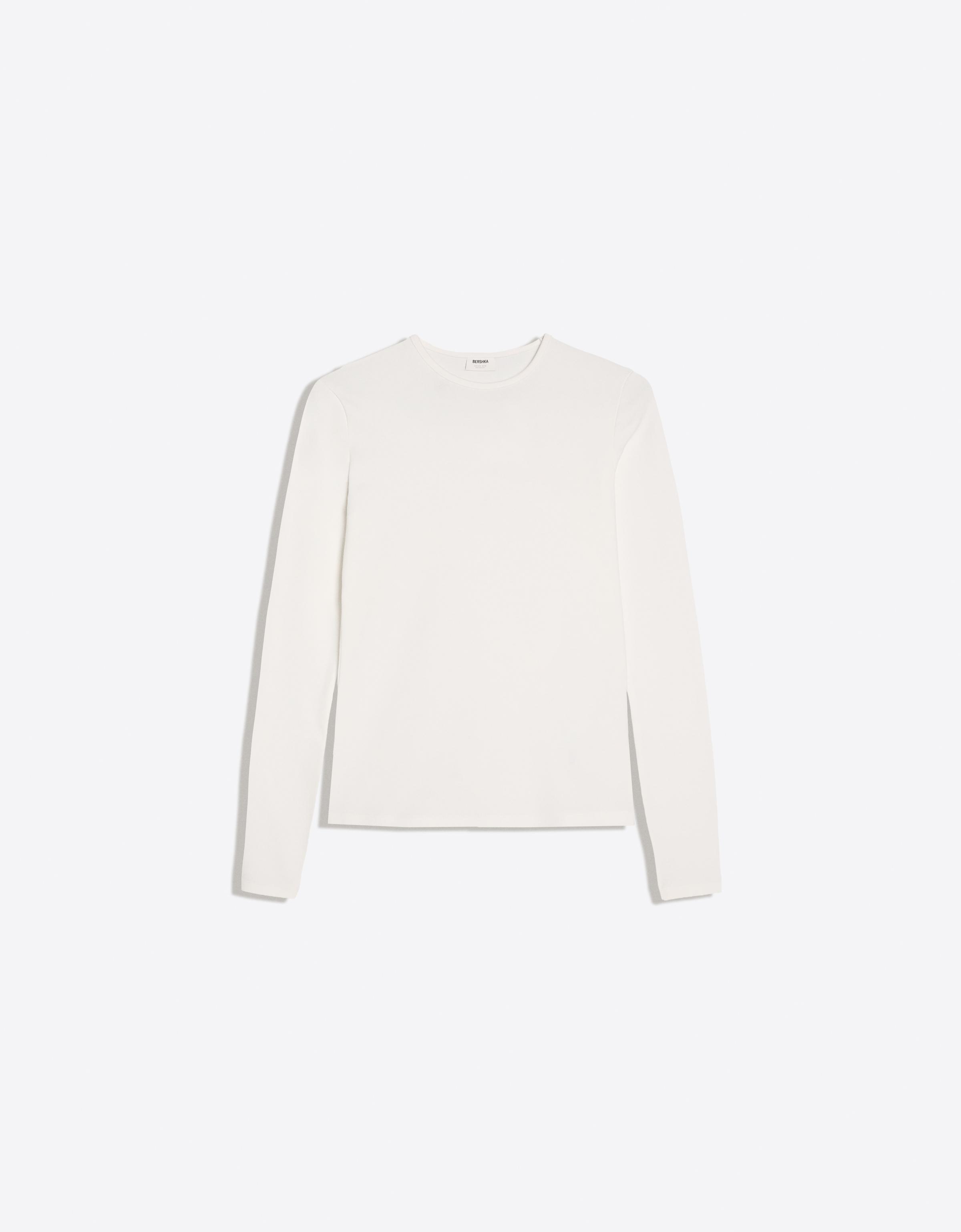Bershka Camiseta Manga Larga Cuello Redondo Mujer Blanco Roto