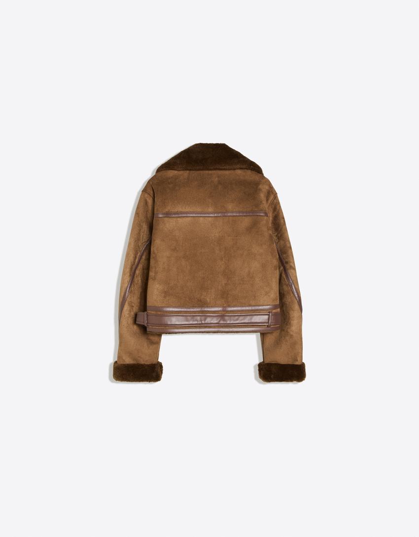 Cropped double-faced biker jacket-Brown