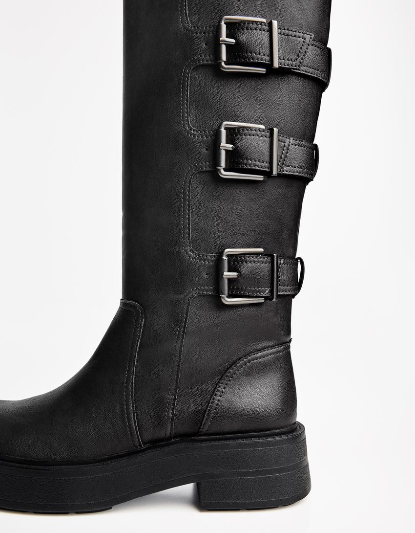 Flat boots with buckles-BLACK-3