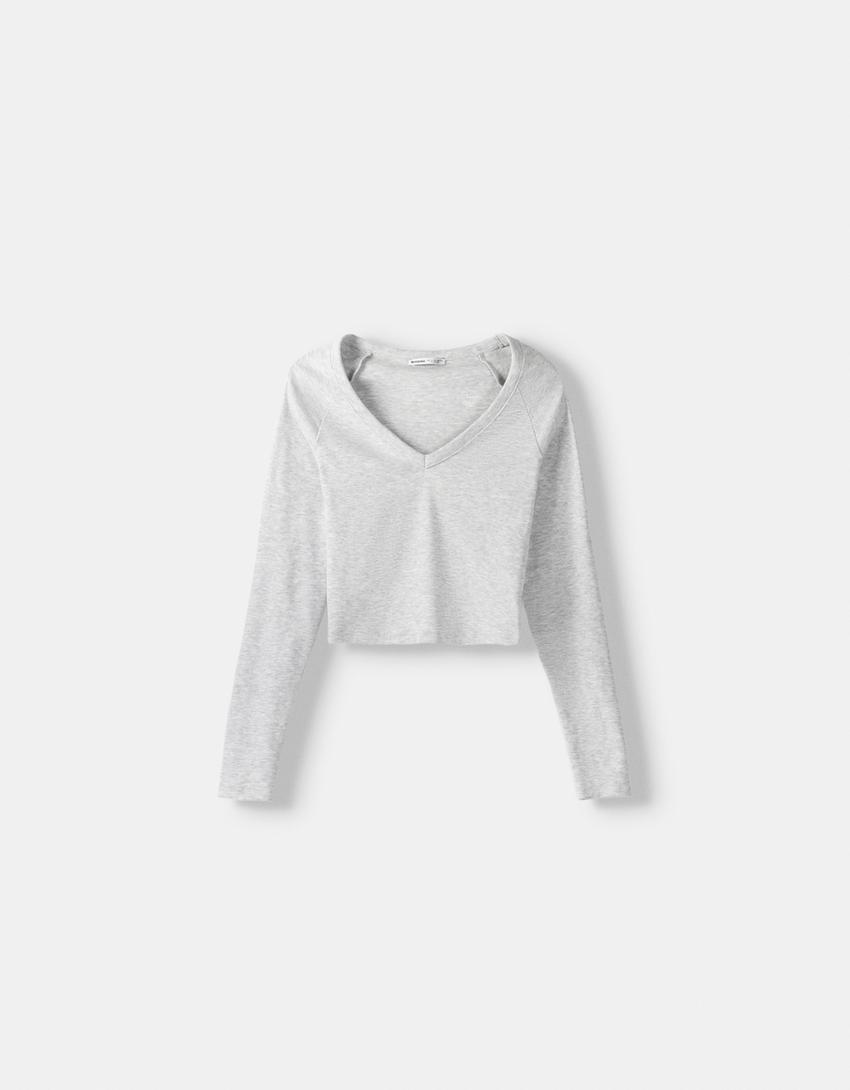 Top manches longues col en V-Gris-4
