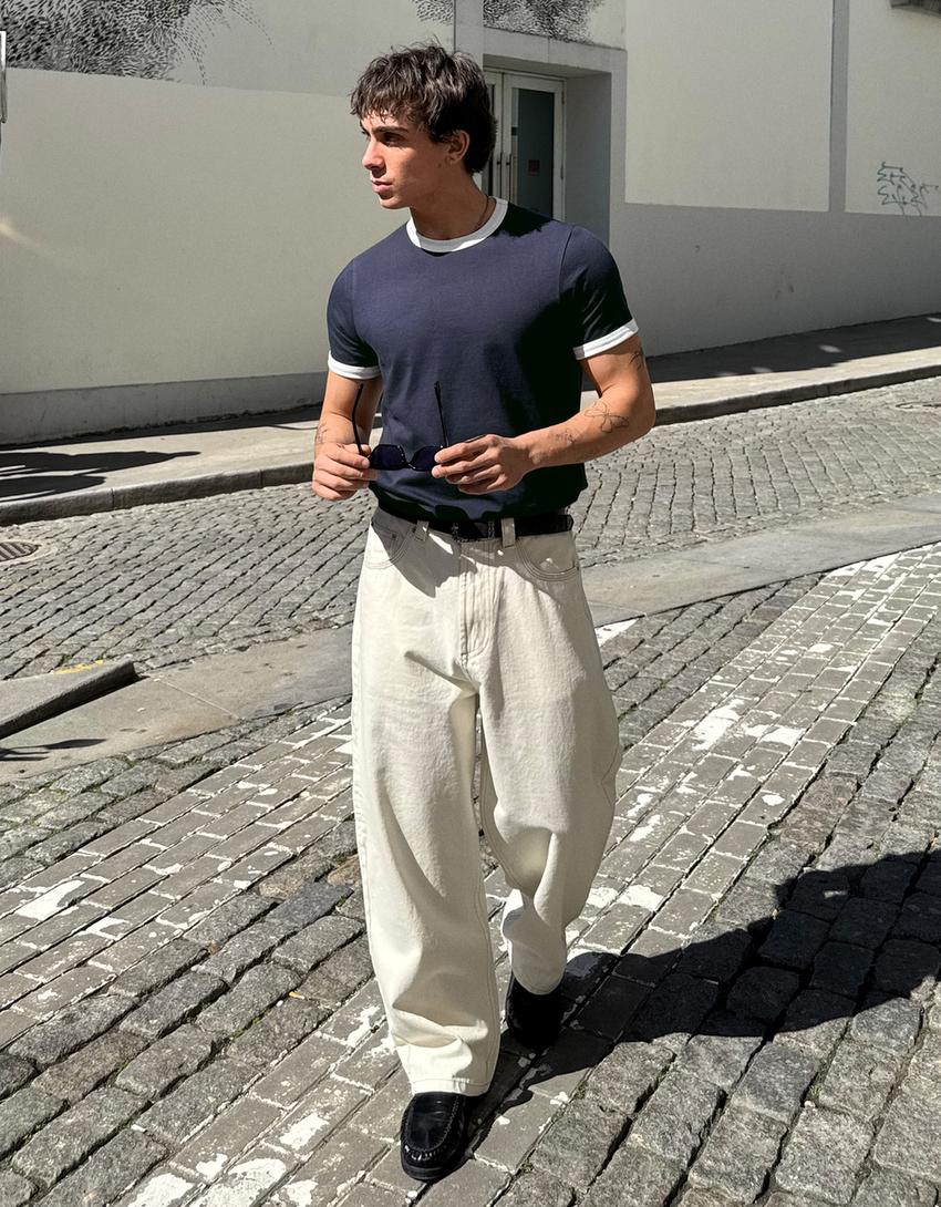 Embroidered neo barrel carpenter jeans-Cream