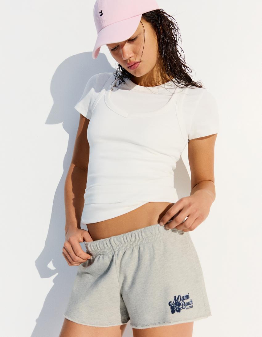 Embroidered plush shorts-Grey