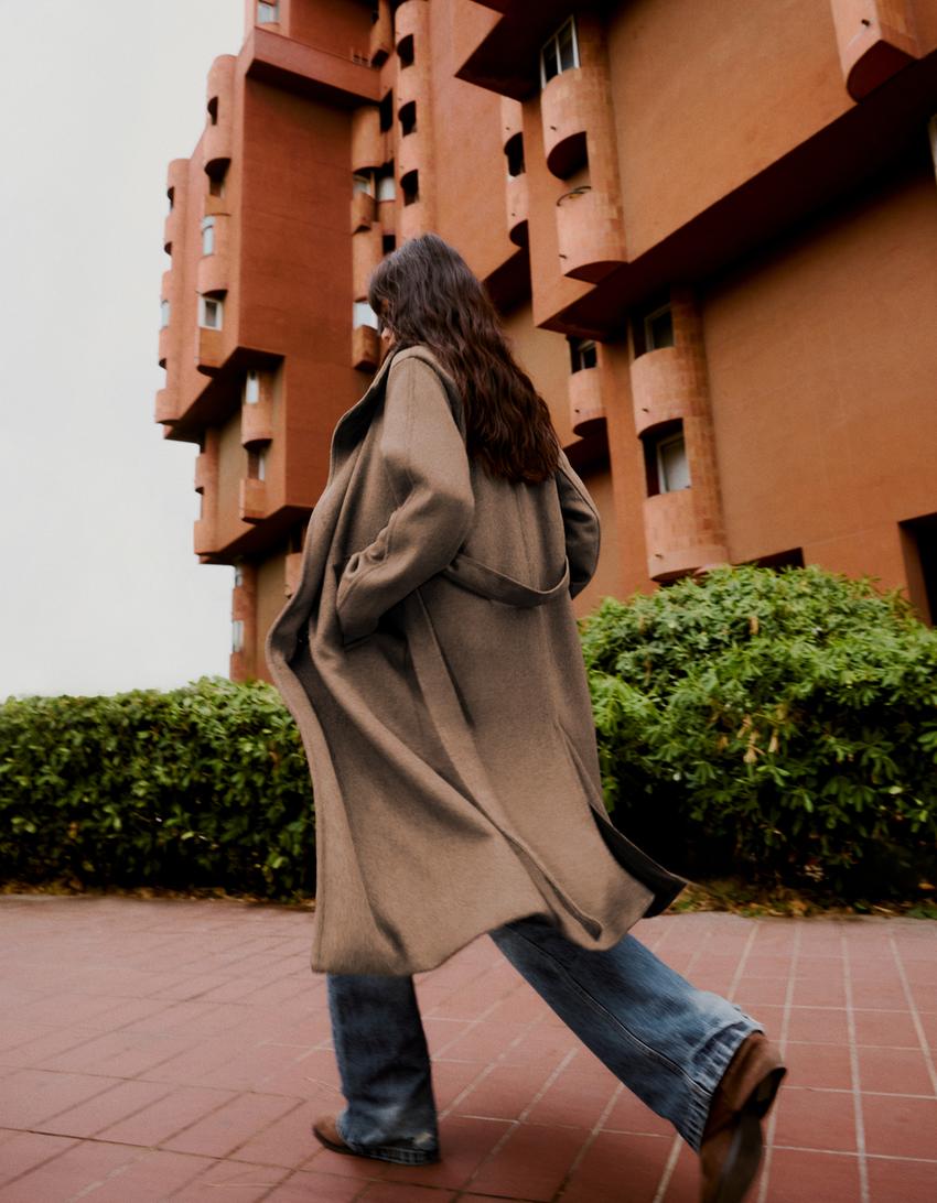 Long funnel neck belted coat-Sand