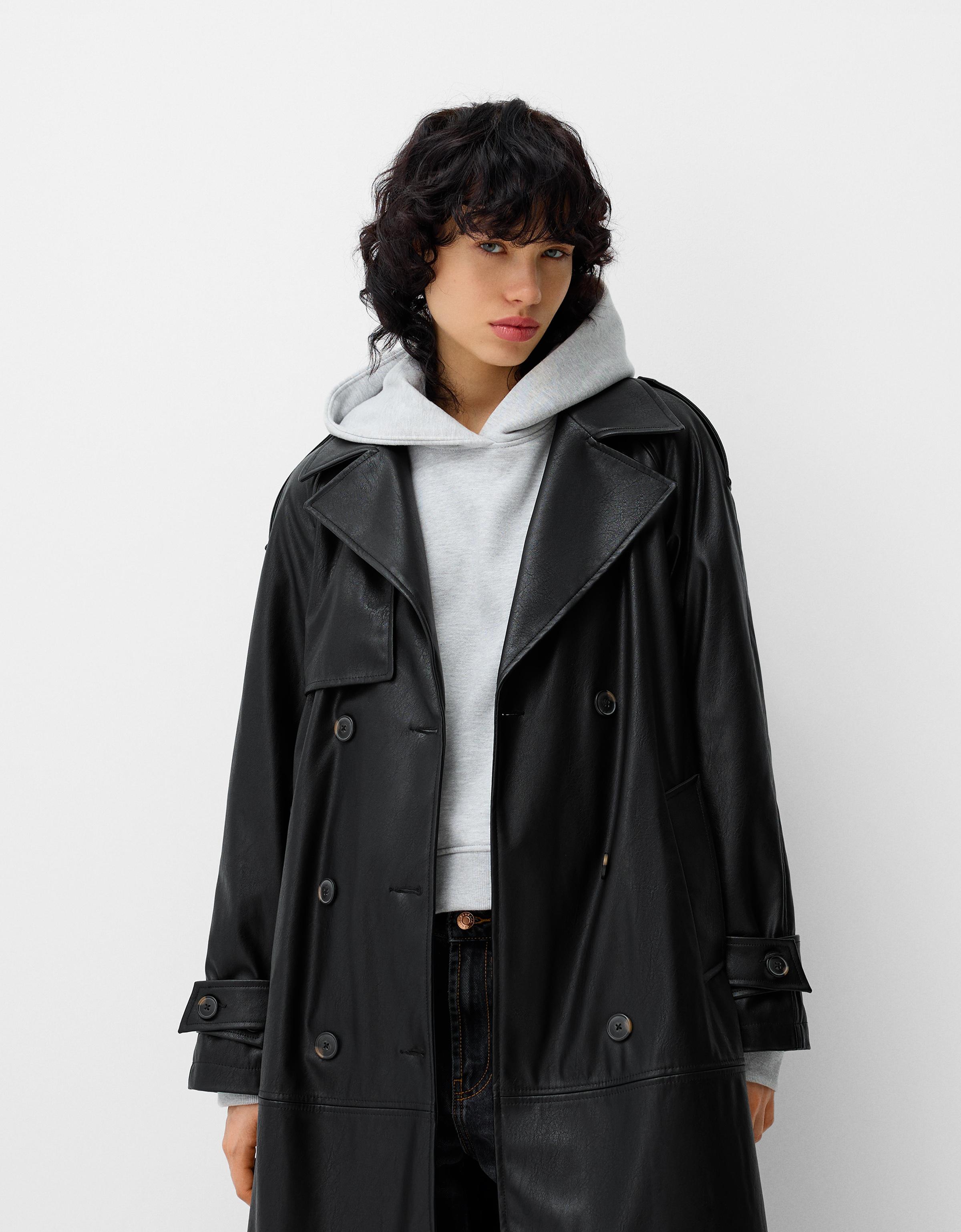 Bershka Trenchcoat Aus Kunstleder Damen S Schwarz