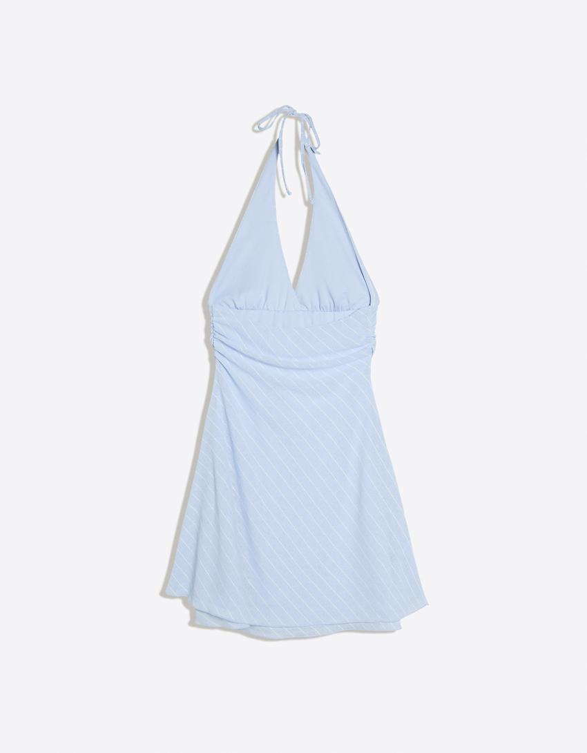 Robe mini encolure américaine à rayures-Bleu clair