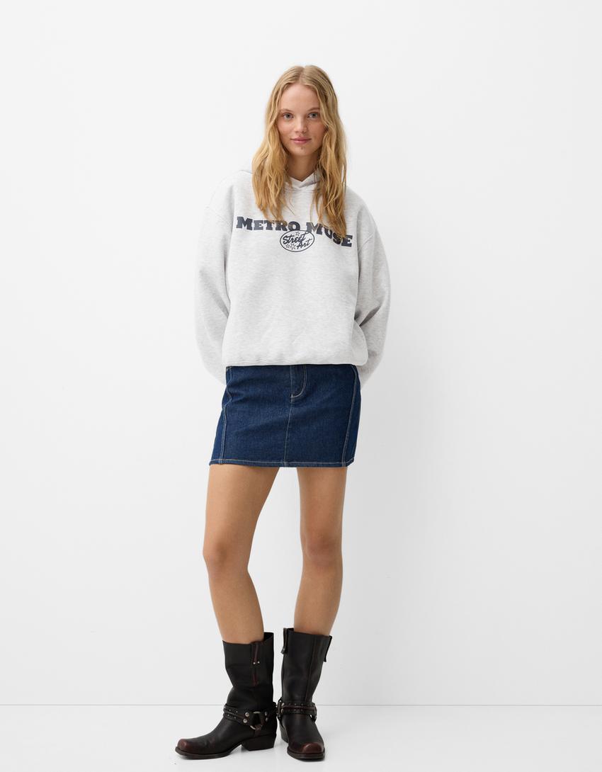 Desenli kapüşonlu sweatshirt-Gri-3
