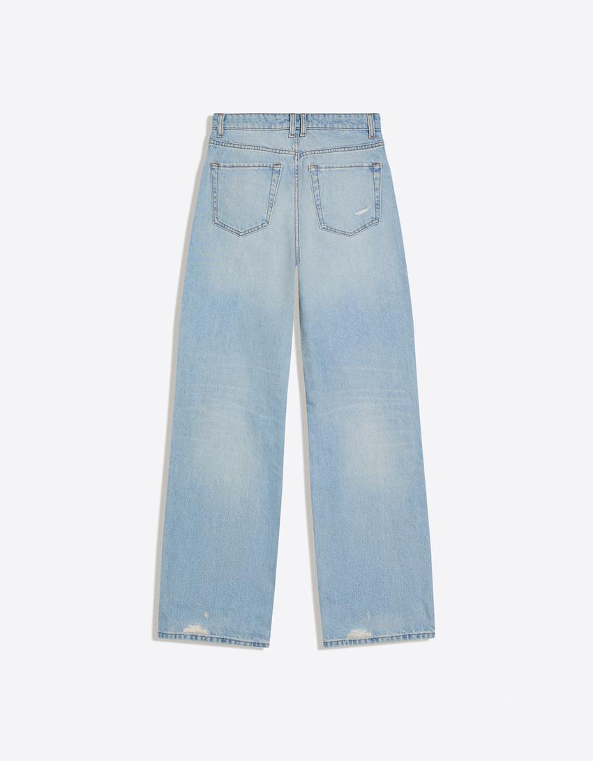 Yüksek bel distressed geniş paça jean-Açık mavi