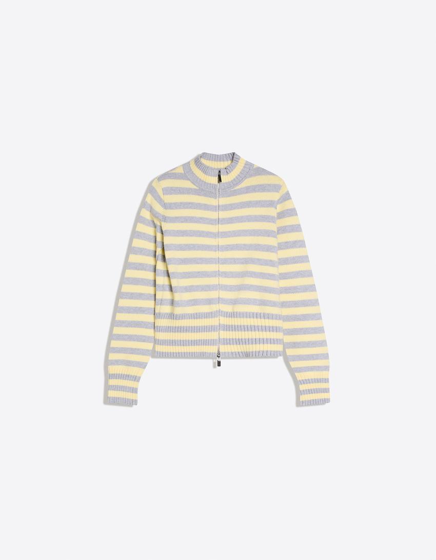 Striped zip-up cardigan-Banana