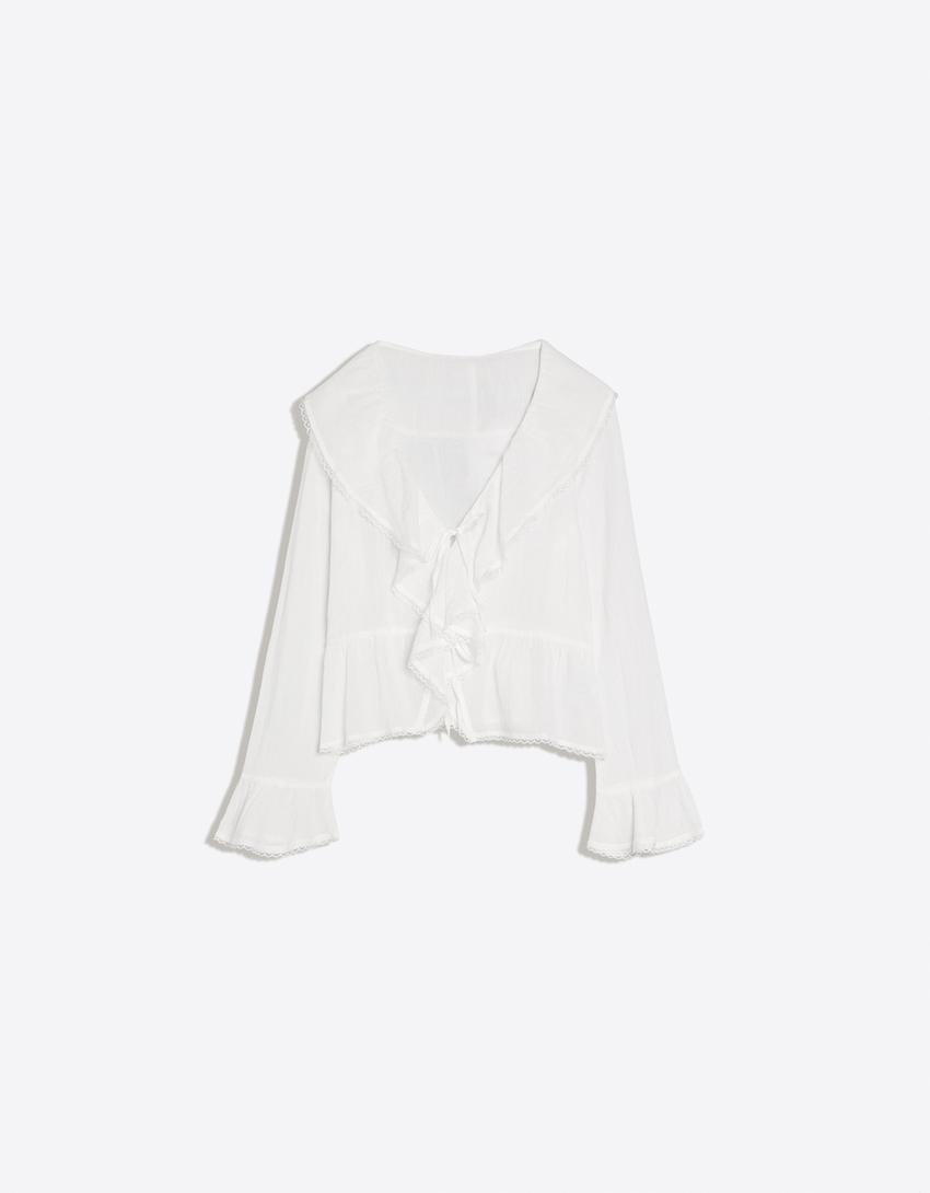 Blouse manches longues rustique à volants-Blanc