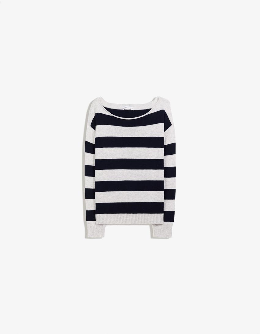 Pull col bateau imprimé-Bleu