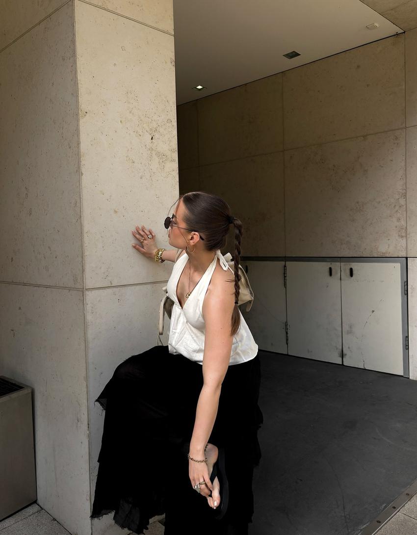 Saia maxi com folhos-Preto-4