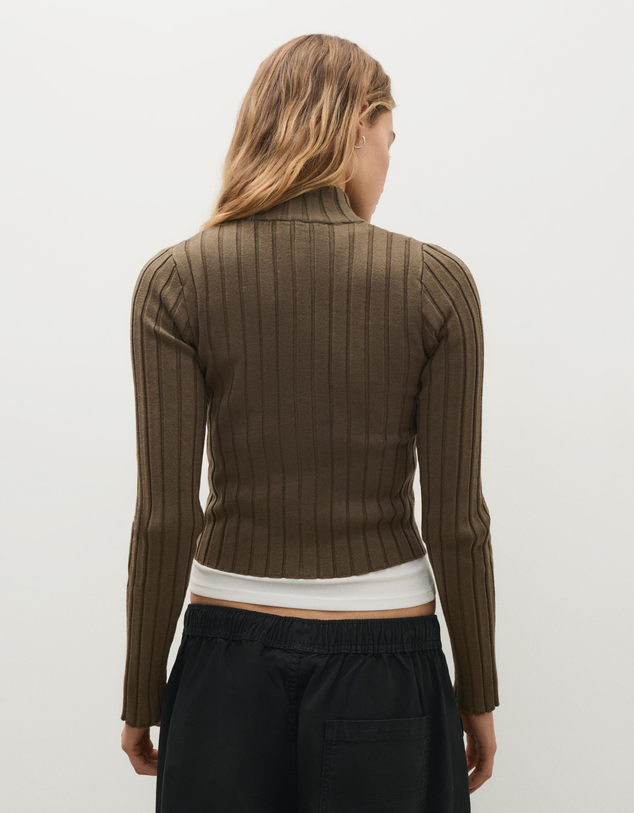Ribbed knit zip-up cardigan — Khaki