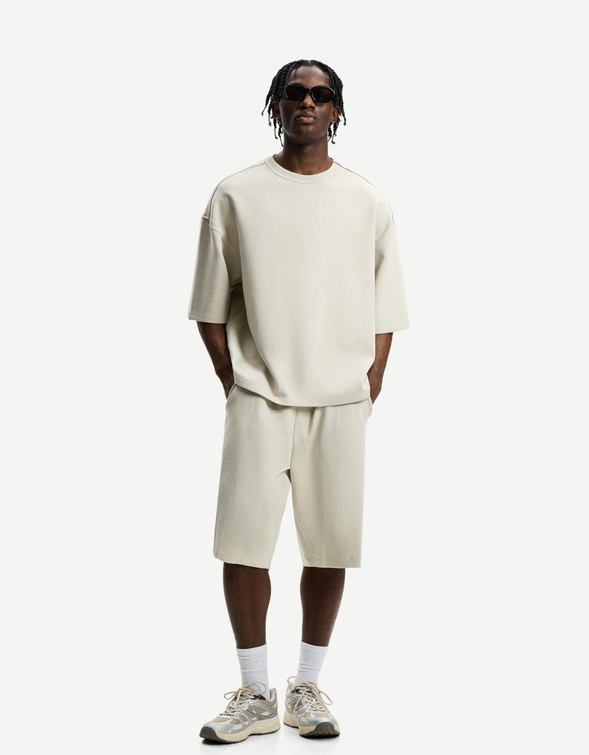 Oversize Interlock T-Shirt mit kurzen Ärmeln-Steinfarbe