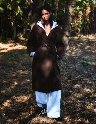 Soft-touch long coat with belt — Brown 4