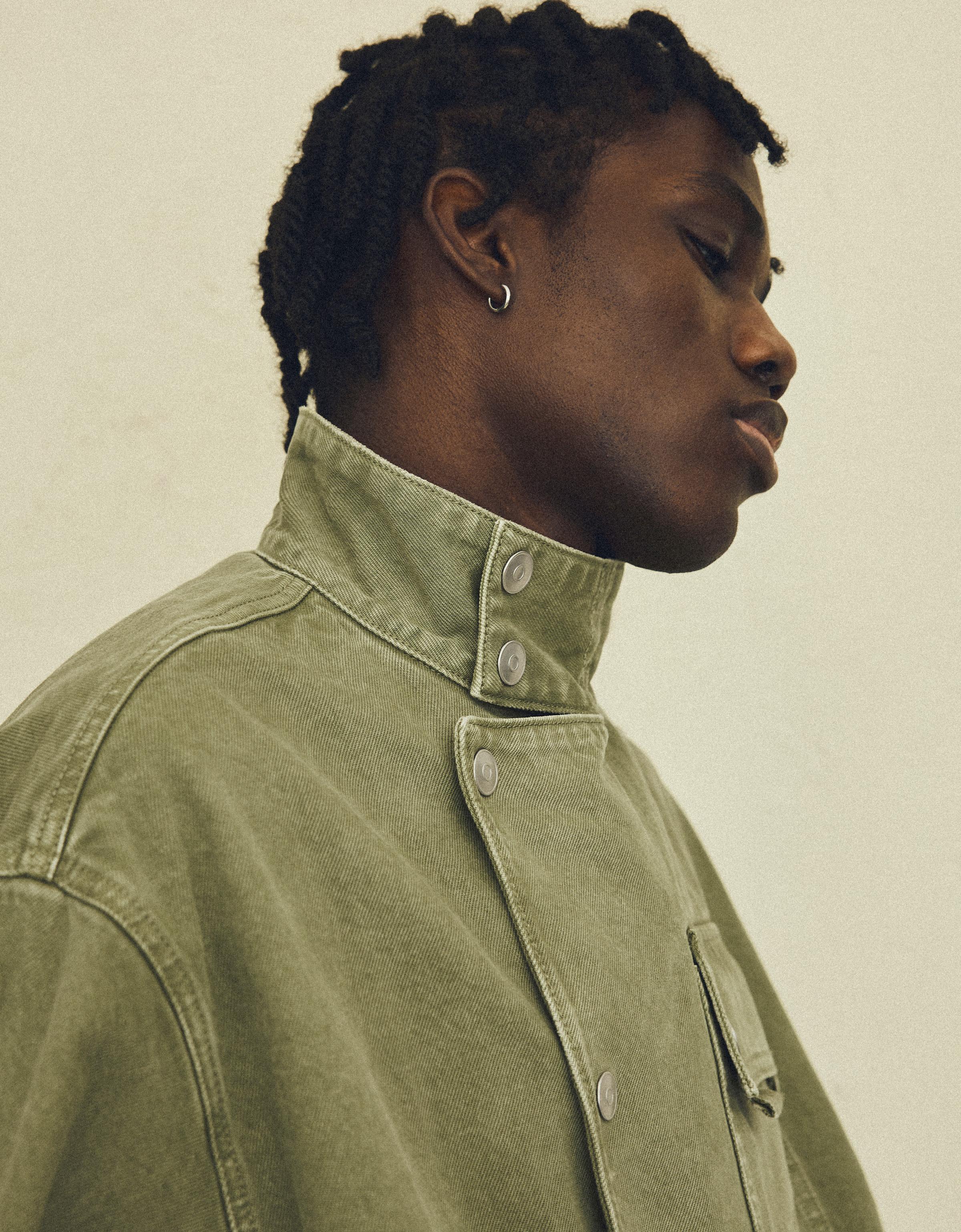 Double-breasted funnel neck jacket with pocket — Green