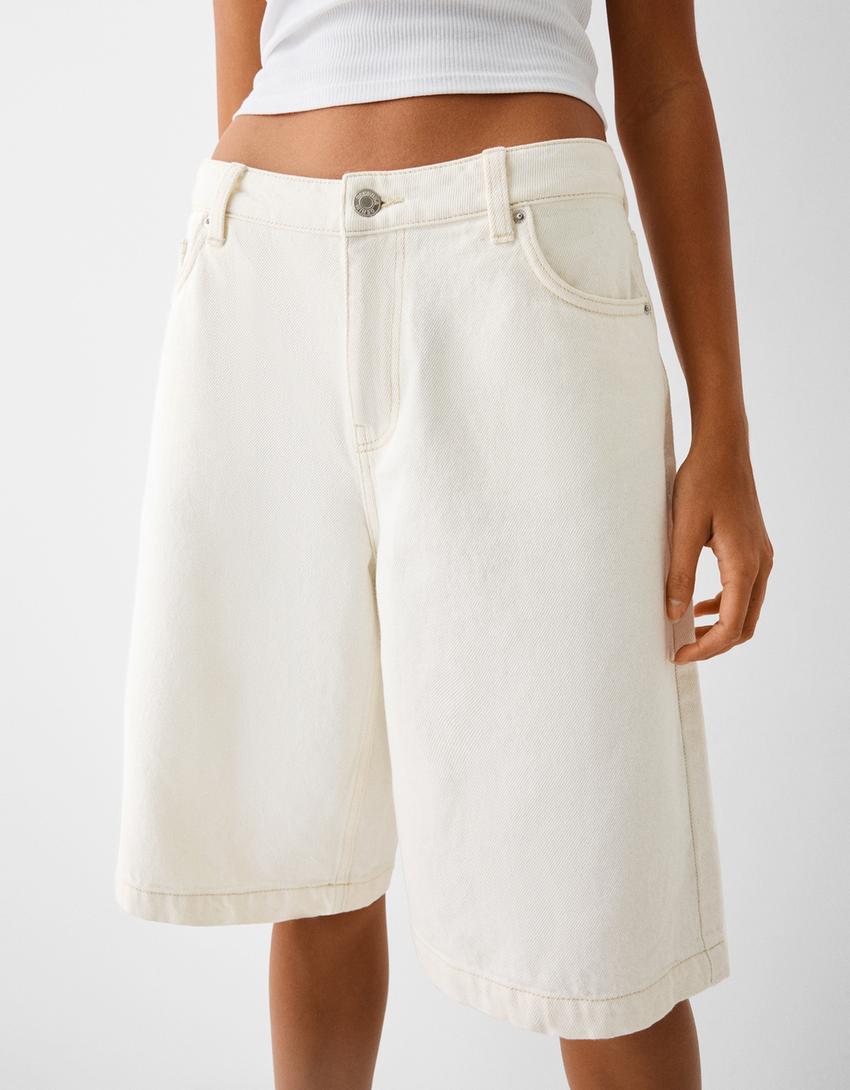 Bol denim bermuda şort-Krem-3